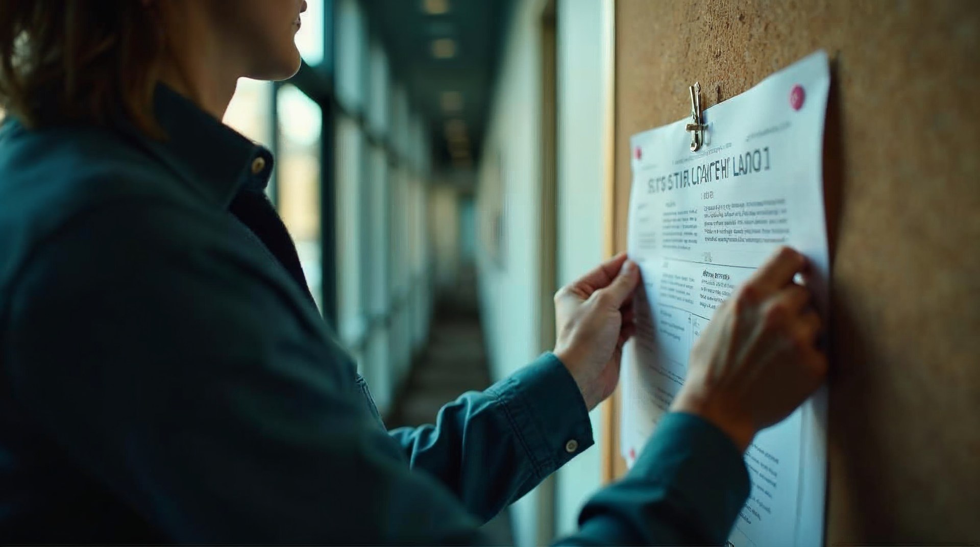 Marketing manager pinning a printed one-page quarterly plan to a corkboard in a narrow corridor