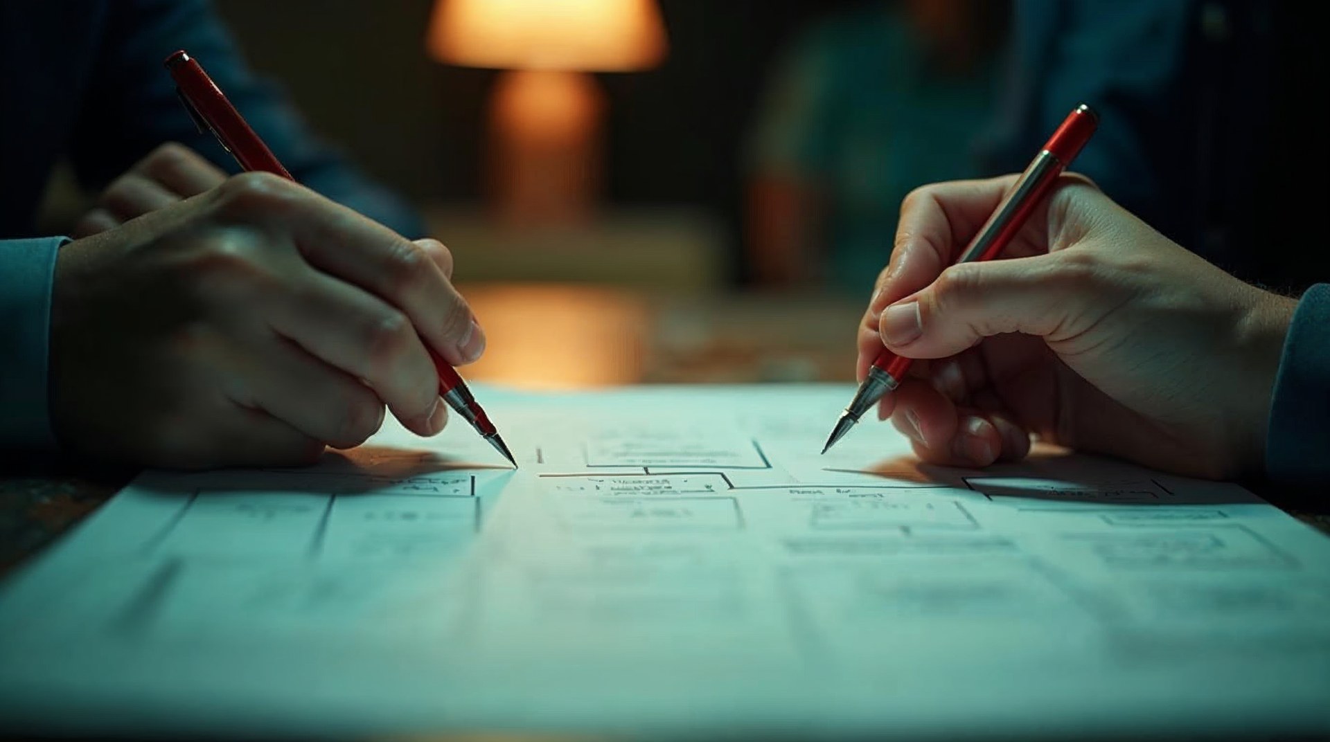Close crop of two hands marking up a printed board pack with a red pen on a scratched meeting table