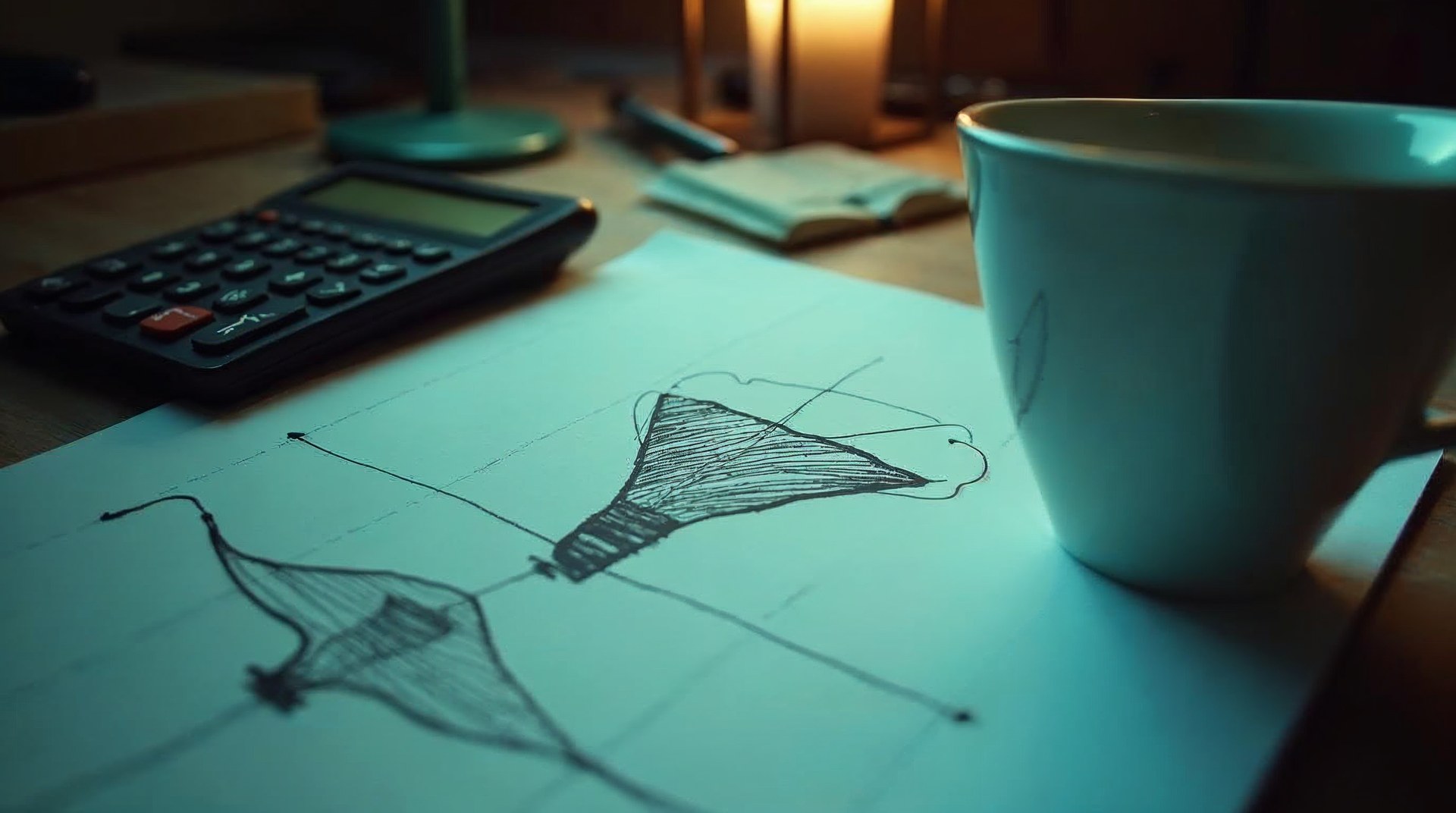 Close crop of a hand-drawn sales funnel sketched on graph paper beside a calculator and a cold espresso cup