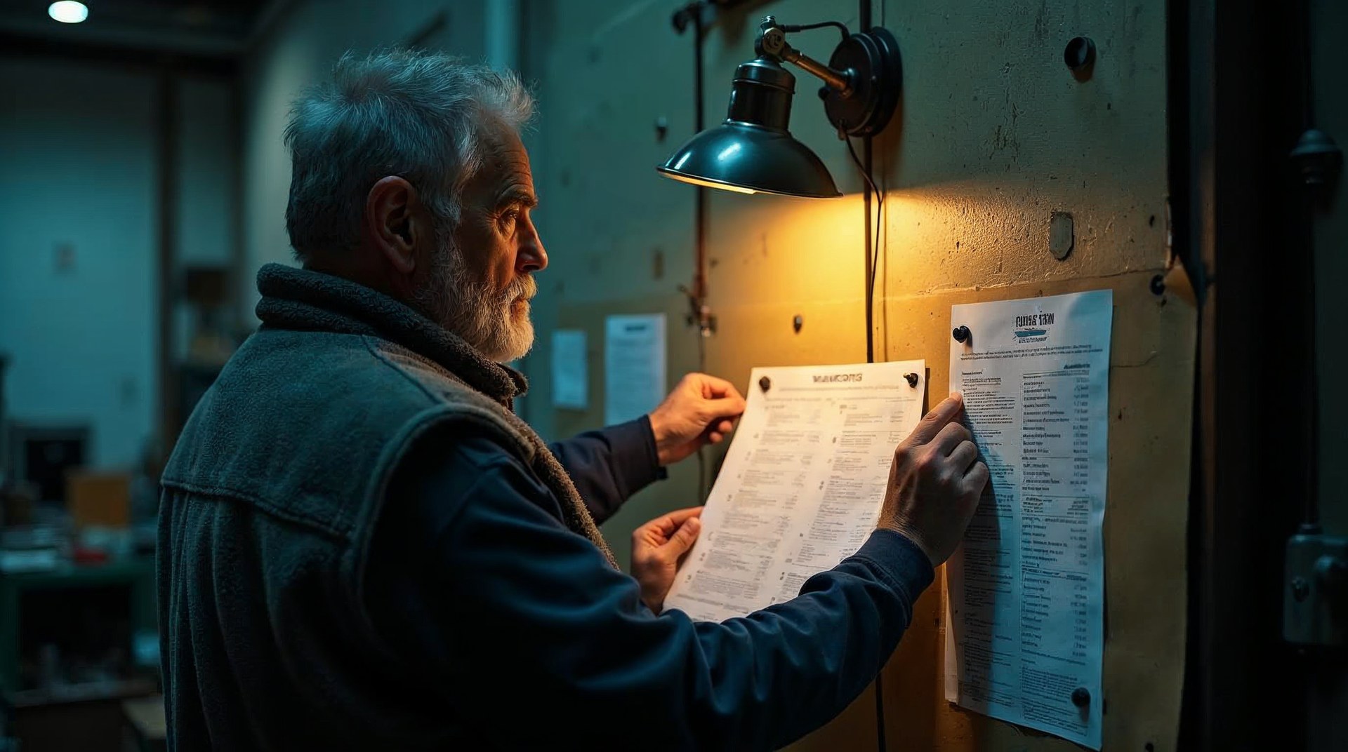 Manufacturing company owner in a fleece vest studying a printed price list taped to a workshop wall under a clamped work lamp