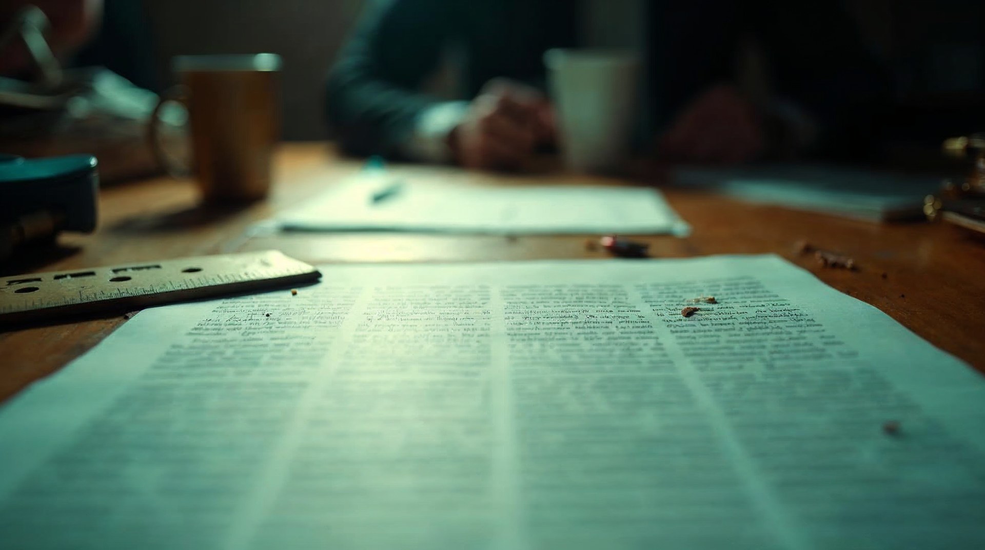 Close crop of a printed positioning statement covered in handwritten pencil edits beside a ruler
