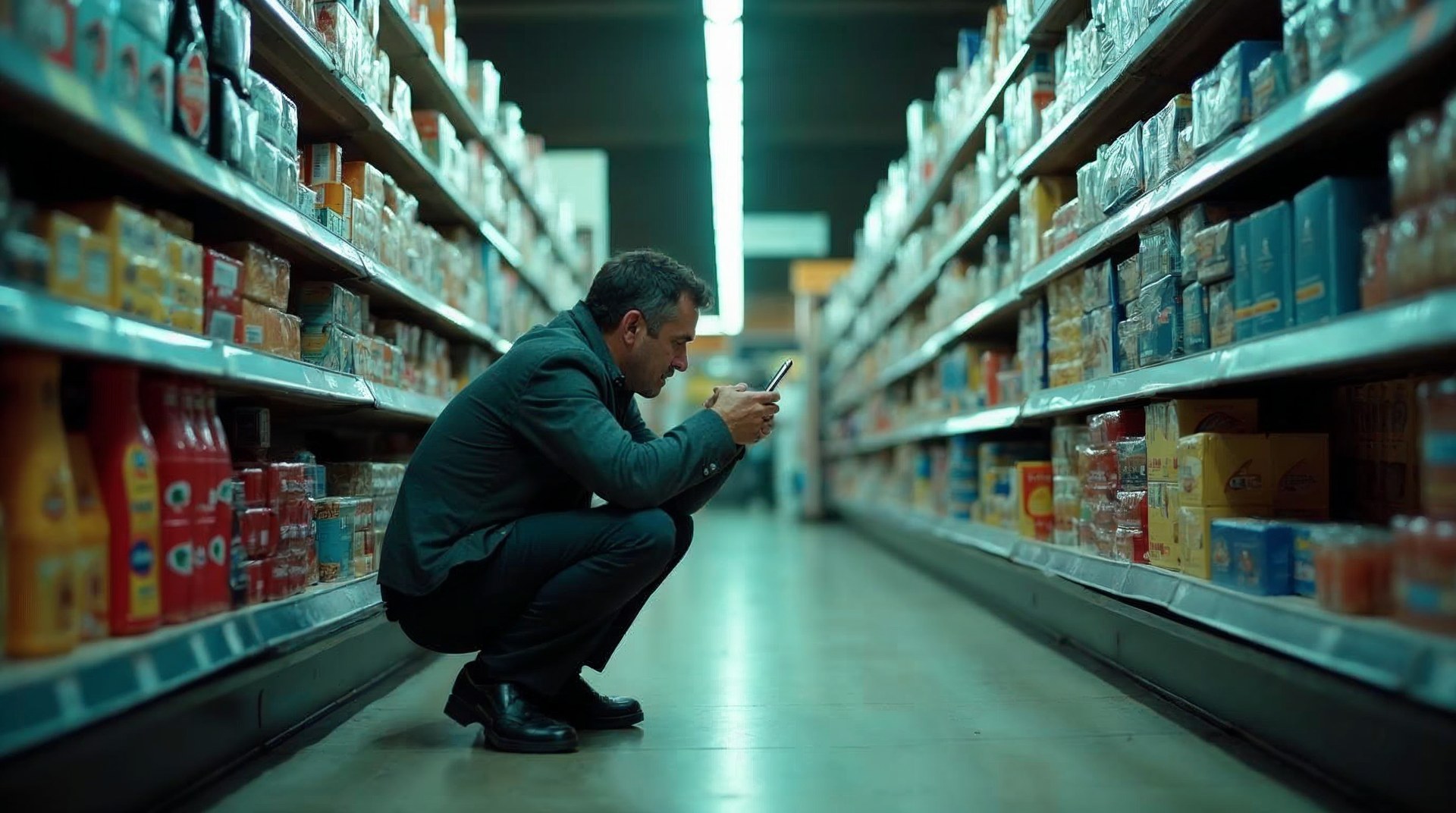 Marketing director crouched in a supermarket aisle photographing a rival product's packaging under harsh fluorescent light