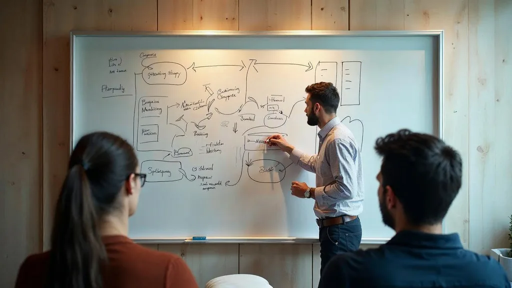 Marketing leader writing a three-phase plan on a whiteboard while two colleagues watch from a sofa