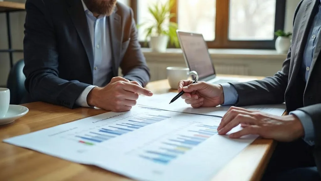 Two business leaders reviewing a printed budget spreadsheet at a wooden table in a bright office