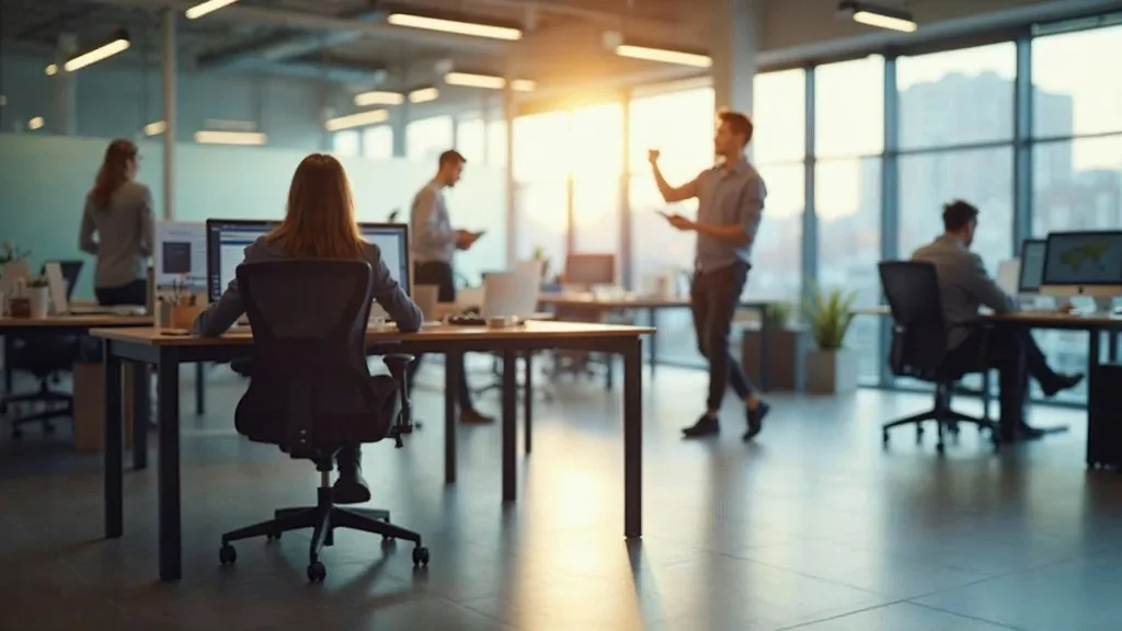 Empty modern office desk and chair beside a busy open-plan marketing team working in the background