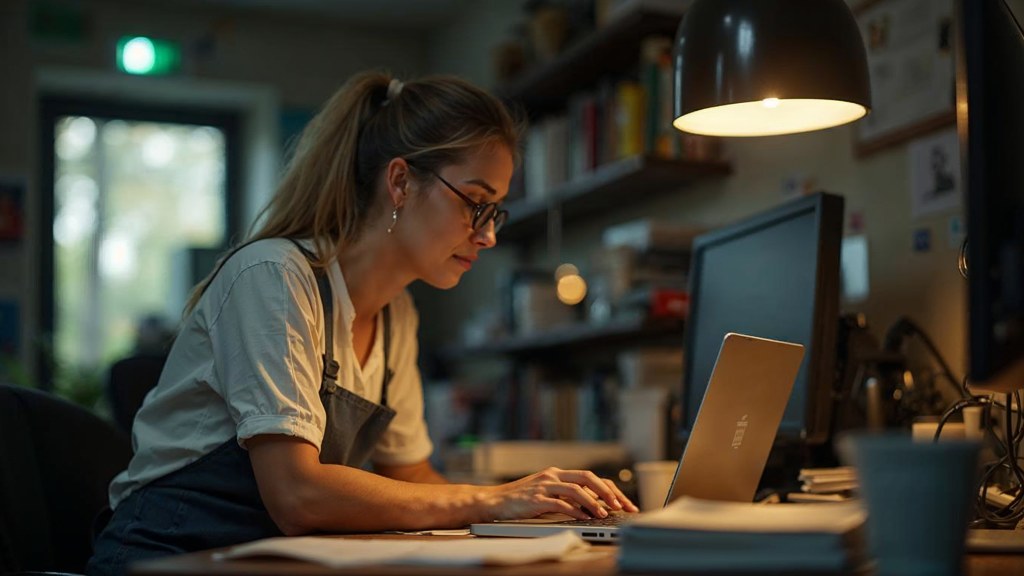 A small-business owner in an apron leaning over a laptop on a cluttered back-office desk late in the day, photographed in Irvine