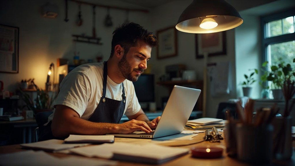 A small-business owner in an apron leaning over a laptop on a cluttered back-office desk late in the day, photographed in Irvine