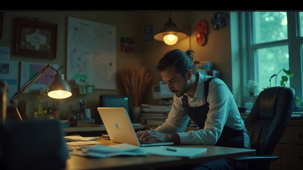 A small-business owner in an apron leaning over a laptop on a cluttered back-office desk late in the day, photographed in Irvine