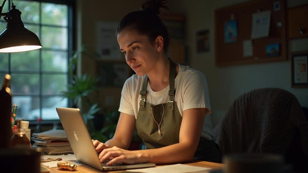 A small-business owner in an apron leaning over a laptop on a cluttered back-office desk late in the day, photographed in Irvine