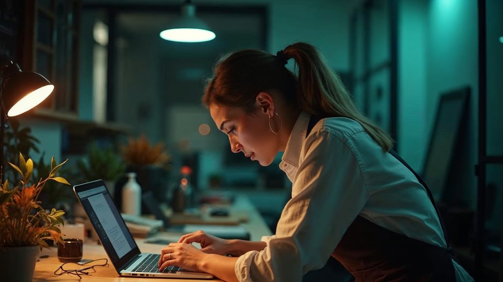 A small-business owner in an apron leaning over a laptop on a cluttered back-office desk late in the day, photographed in Irvine