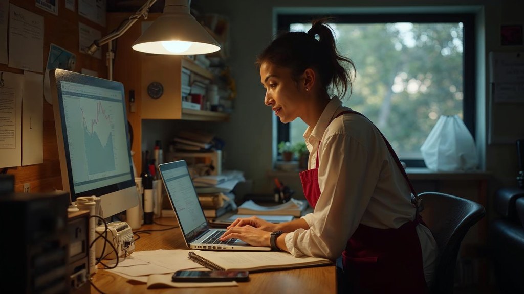 A small-business owner in an apron leaning over a laptop on a cluttered back-office desk late in the day, photographed in Irvine