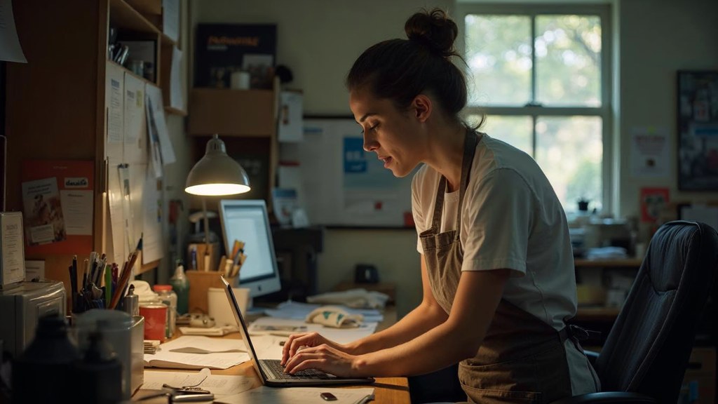 A small-business owner in an apron leaning over a laptop on a cluttered back-office desk late in the day, photographed in Irvine