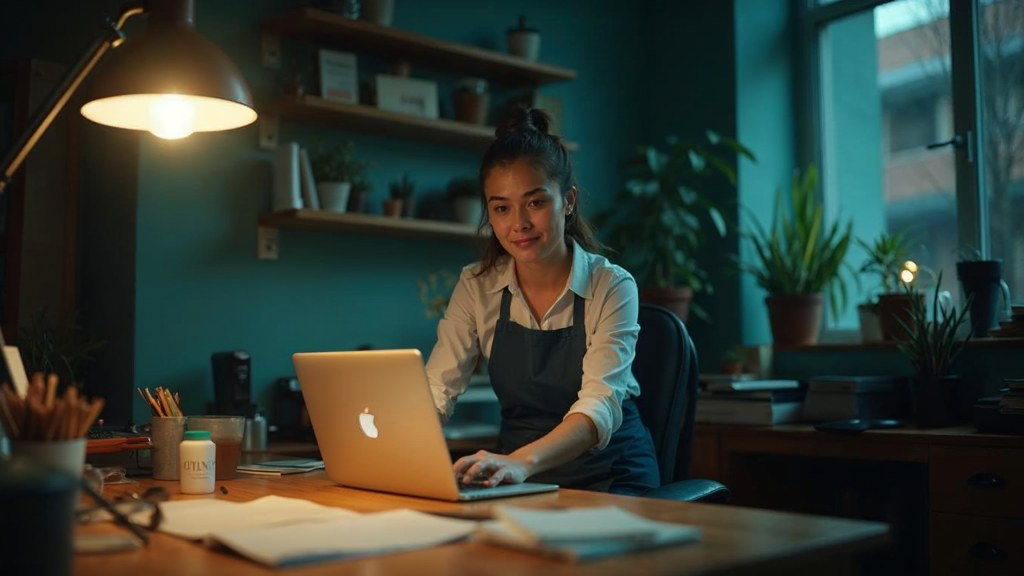 A small-business owner in an apron leaning over a laptop on a cluttered back-office desk late in the day, photographed in Irvine
