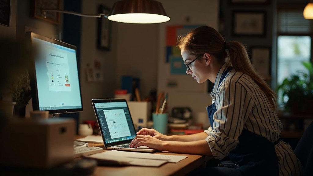 A small-business owner in an apron leaning over a laptop on a cluttered back-office desk late in the day, photographed in Irvine