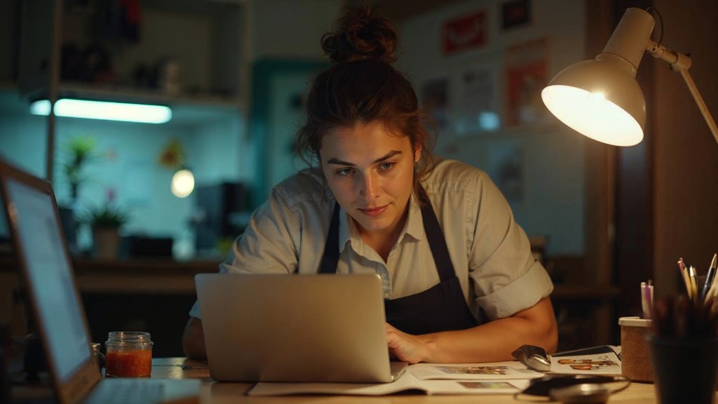 A small-business owner in an apron leaning over a laptop on a cluttered back-office desk late in the day, photographed in Irvine