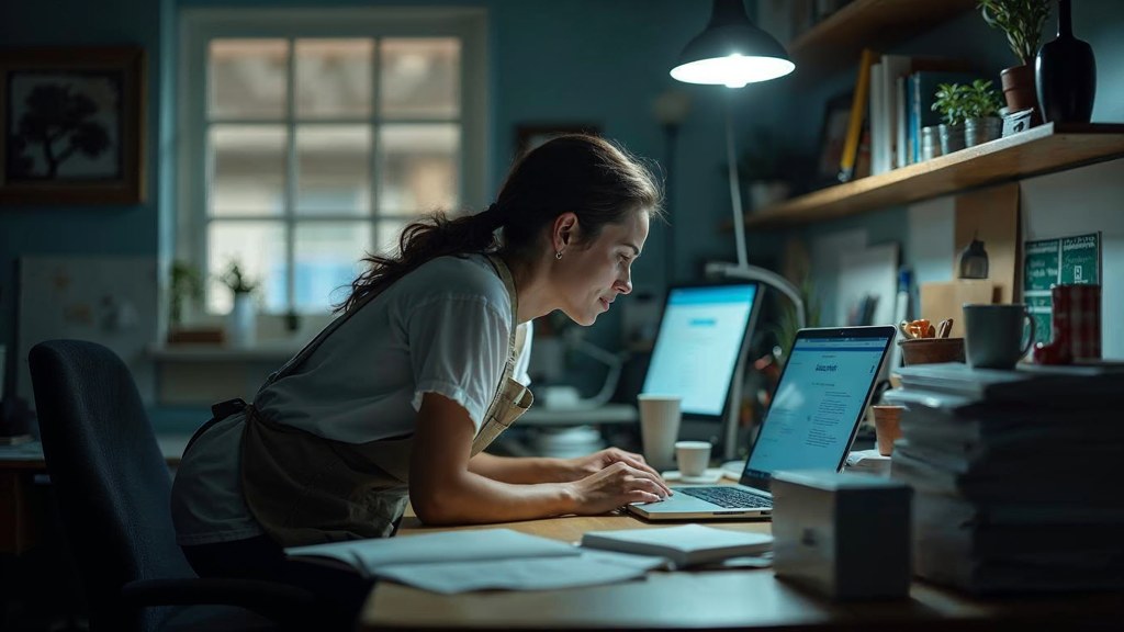 A small-business owner in an apron leaning over a laptop on a cluttered back-office desk late in the day, photographed in Irvine