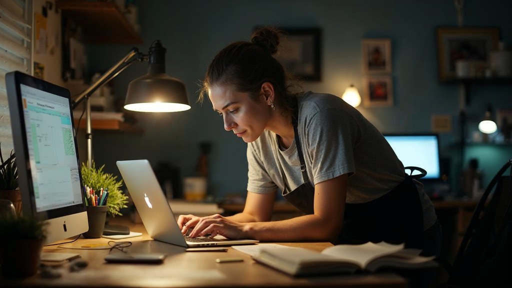 A small-business owner in an apron leaning over a laptop on a cluttered back-office desk late in the day, photographed in Irvine