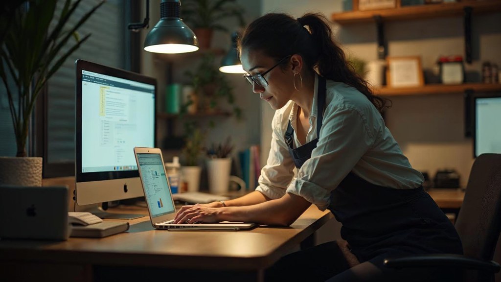 A small-business owner in an apron leaning over a laptop on a cluttered back-office desk late in the day, photographed in Irvine