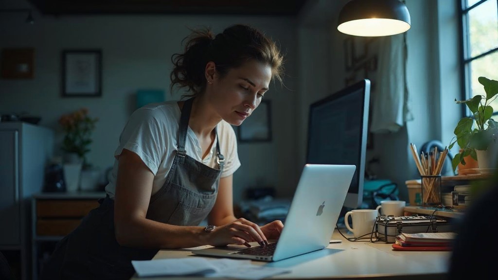 A small-business owner in an apron leaning over a laptop on a cluttered back-office desk late in the day, photographed in Irvine