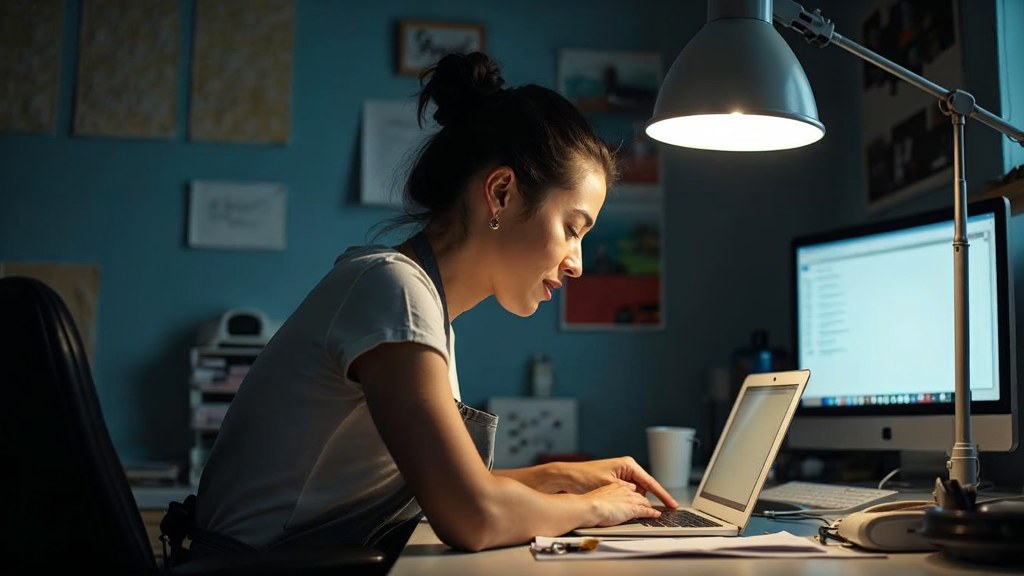 A small-business owner in an apron leaning over a laptop on a cluttered back-office desk late in the day, photographed in Irvine