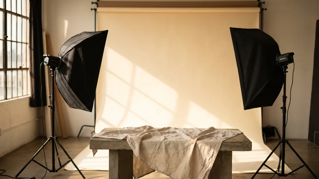 Editorial photograph of an empty photography studio corner with a warm bone seamless paper sweep, a concrete shooting table with neutral linen and two switched-off softboxes in hard desert light, no people and no signage
