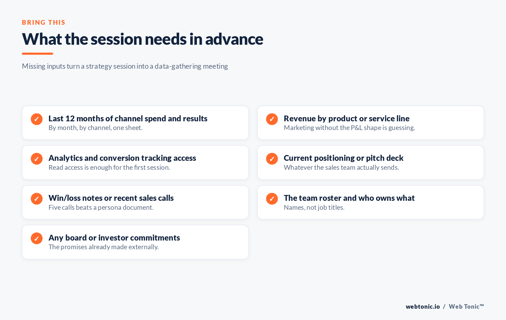 Checklist of the inputs a first fractional CMO strategy session needs in advance