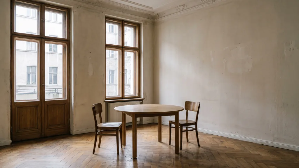 Editorial photograph of an empty meeting corner in a converted Berlin altbau office with tall casement windows, pale plaster walls, a plain oak table and two empty chairs, no people and no signage