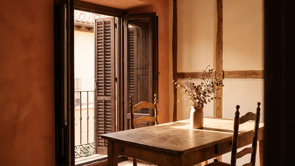 Editorial photograph of an empty workspace corner in a Madrid townhouse office with terracotta and cream walls, a shuttered balcony window, a plain wooden table and two empty chairs, no people and no signage