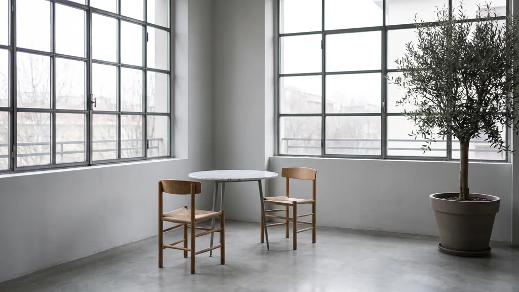 Editorial photograph of an empty studio corner in a Milan design office with polished concrete floor, pale grey walls, a slim marble-topped table and two empty chairs by tall steel windows, no people and no signage