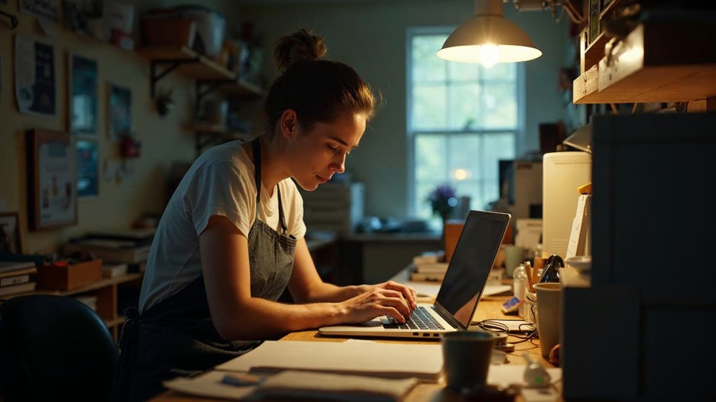 A small-business owner in an apron leaning over a laptop on a cluttered back-office desk late in the day, photographed in Jacksonville