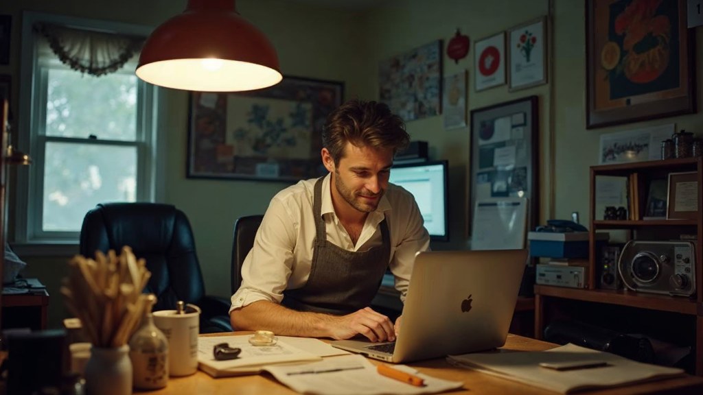 A small-business owner in an apron leaning over a laptop on a cluttered back-office desk late in the day, photographed in Jacksonville