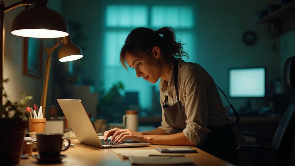 A small-business owner in an apron leaning over a laptop on a cluttered back-office desk late in the day, photographed in Jacksonville