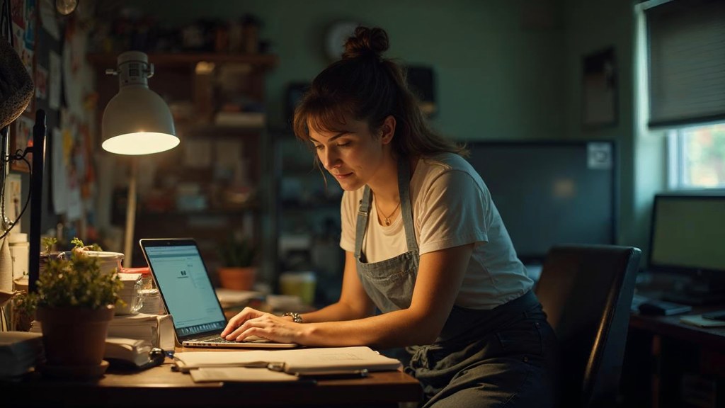 A small-business owner in an apron leaning over a laptop on a cluttered back-office desk late in the day, photographed in Jacksonville