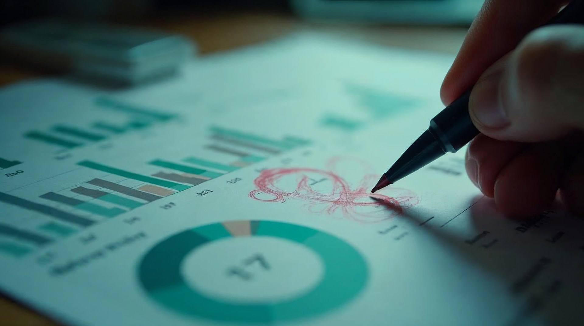 Close crop of a printed analytics dashboard page marked with red pen circles and a question mark in the margin