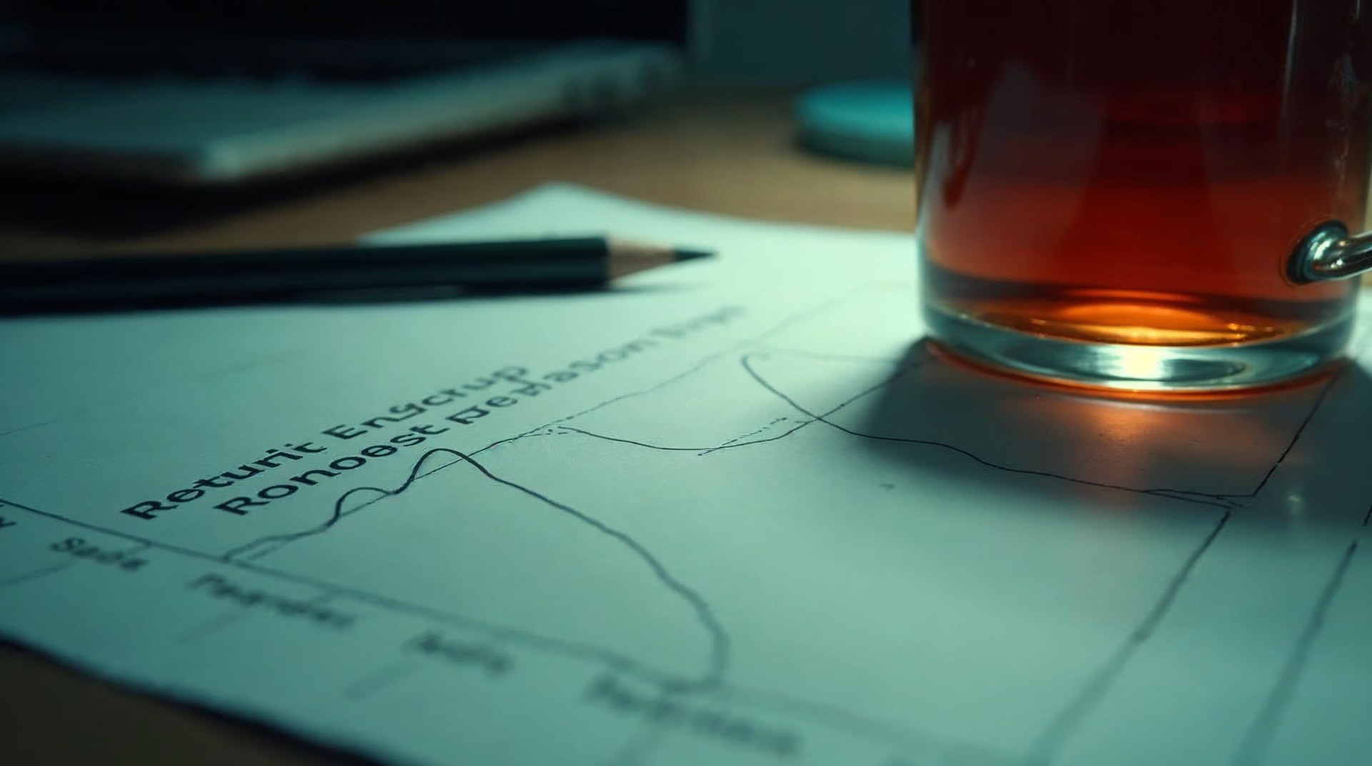 Close crop of a hand-drawn retention curve on graph paper beside a pencil and a cold cup of tea