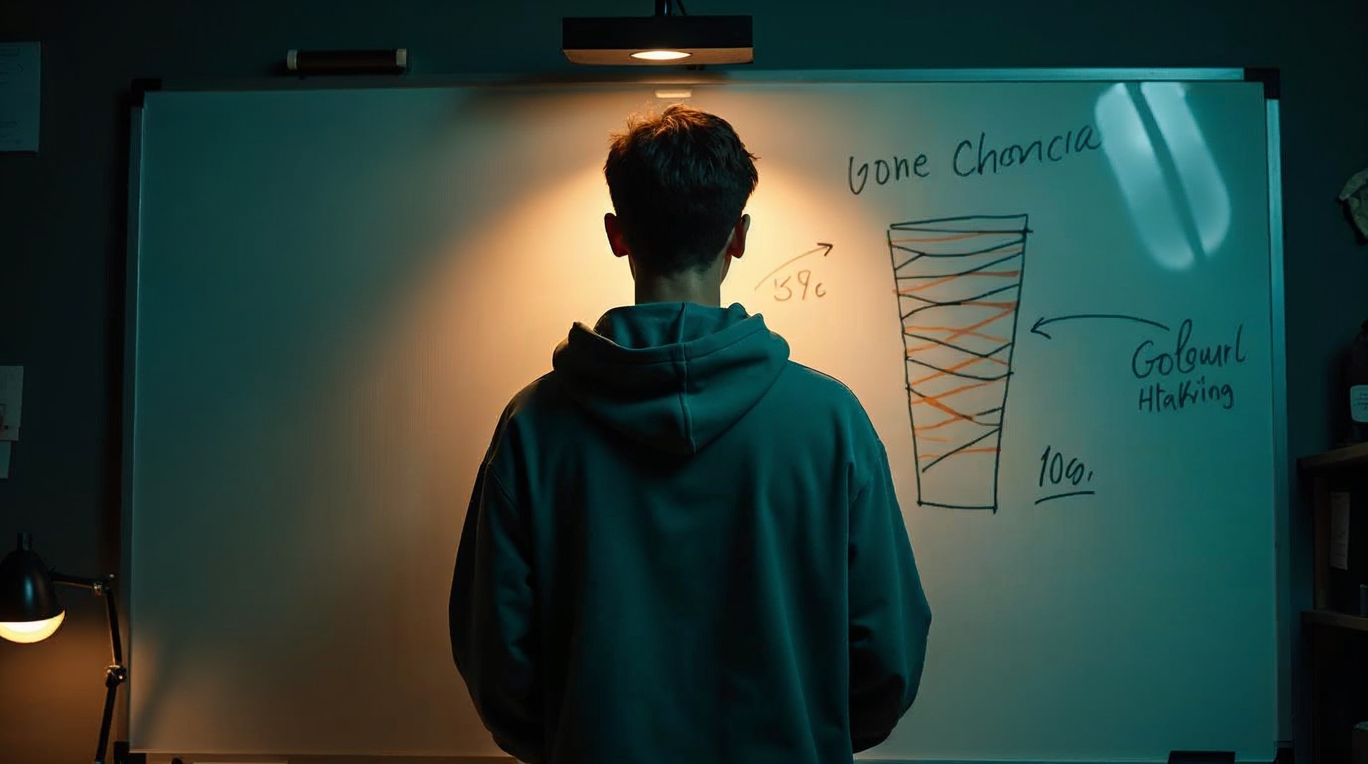 Startup founder at a whiteboard covered in a hand-drawn growth funnel and cohort numbers late in the evening