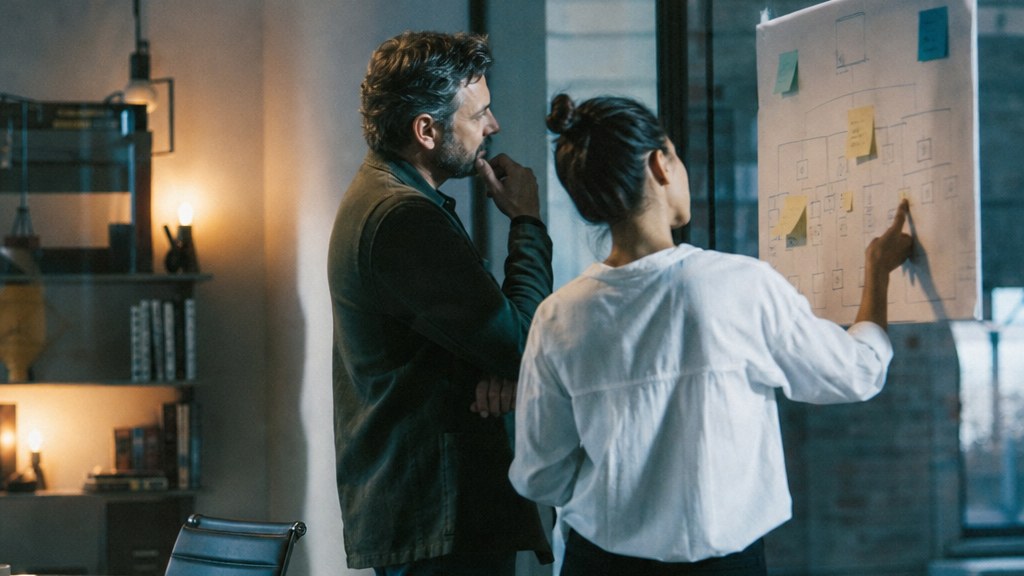 Company owner and HR lead studying a hand-drawn marketing org chart taped to a glass wall with sticky notes for open roles