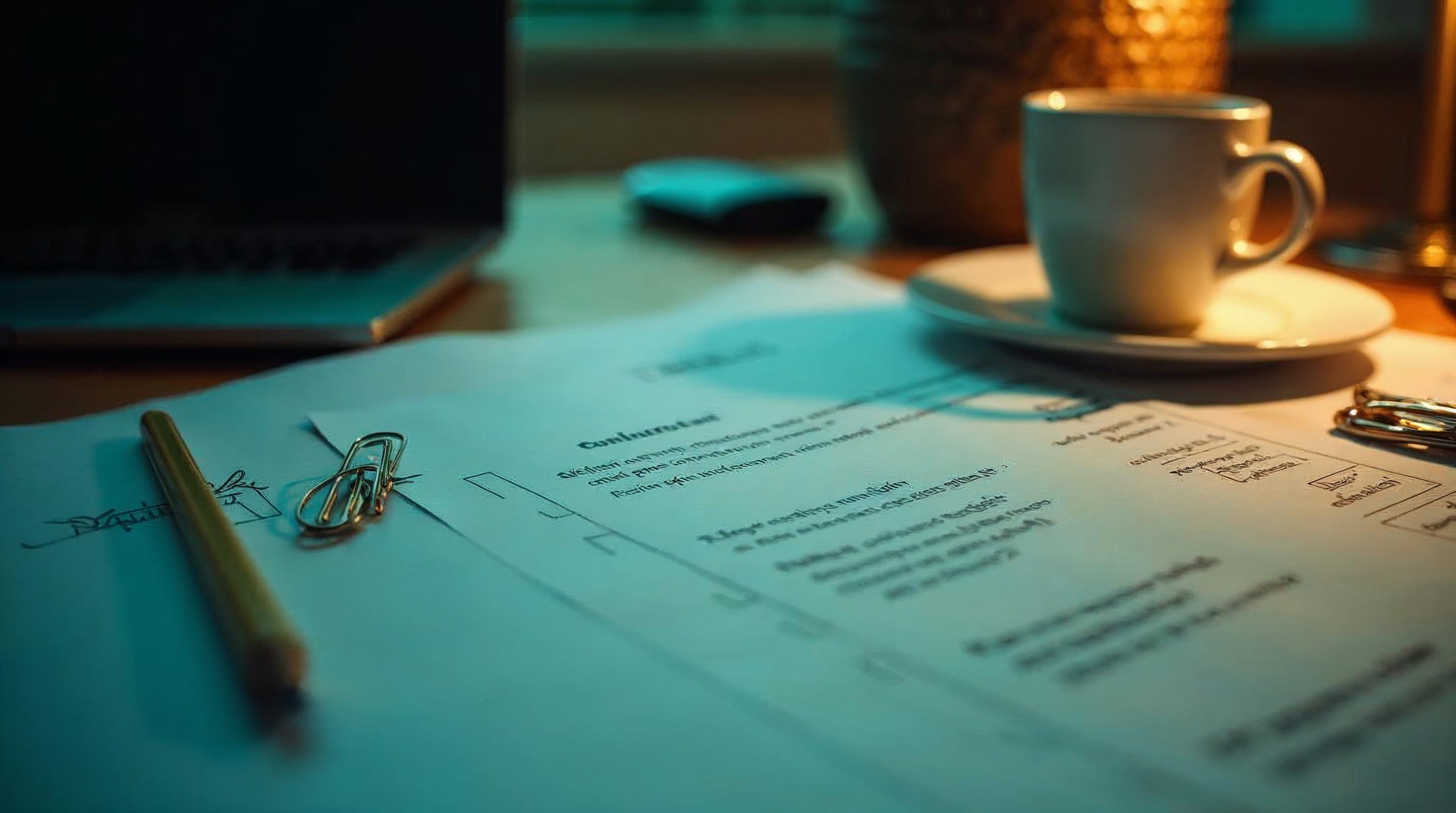 Close crop of a printed marketing role description covered in pencil edits next to paper clips and a coffee cup