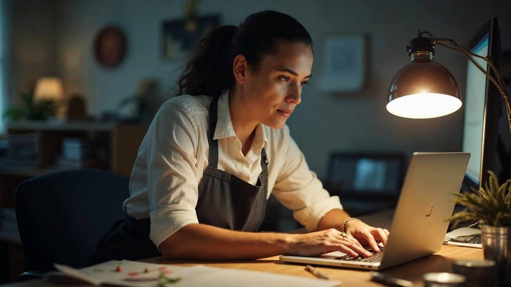 A small-business owner in an apron leaning over a laptop on a cluttered back-office desk late in the day, photographed in Jacksonville
