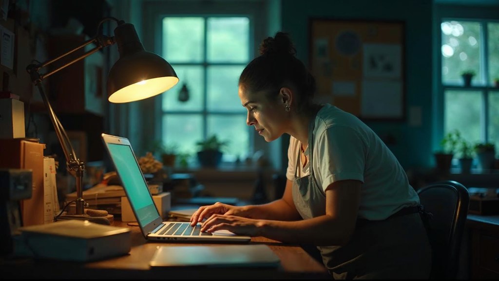 A small-business owner in an apron leaning over a laptop on a cluttered back-office desk late in the day, photographed in Jacksonville