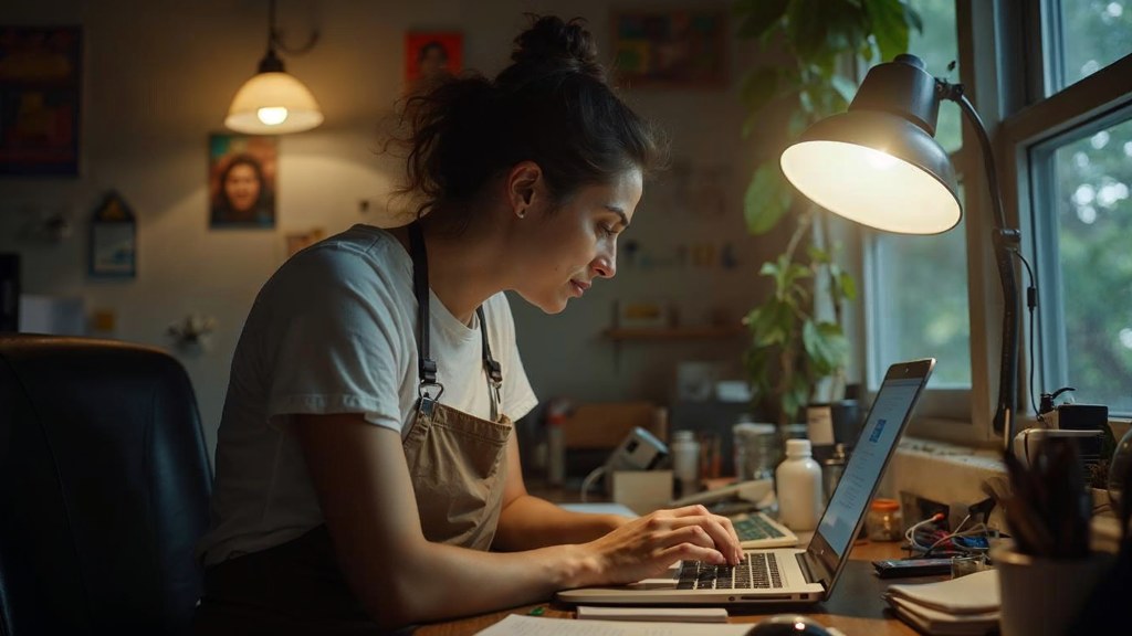 A small-business owner in an apron leaning over a laptop on a cluttered back-office desk late in the day, photographed in Jacksonville