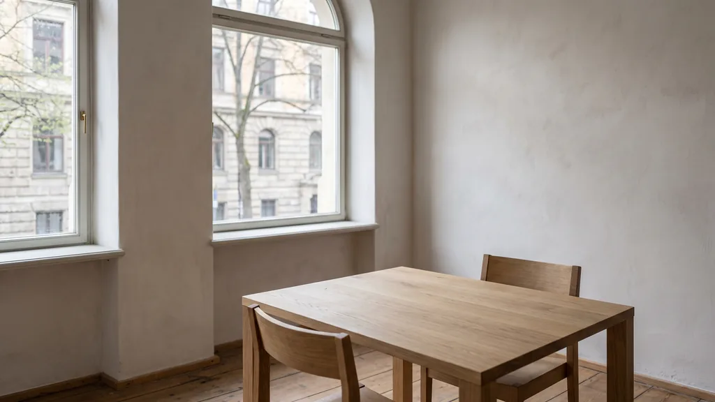 Editorial photograph of an empty meeting corner in a restored Munich Gruenderzeit office with tall arched windows, pale limewashed walls, a plain oak table and two empty chairs, no people and no signage