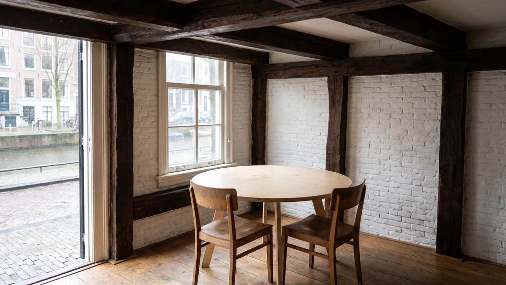 Editorial photograph of an empty meeting corner in an Amsterdam canal-house office with exposed dark timber beams, whitewashed brick, a plain birch table and two empty chairs by a tall narrow window, no people and no signage