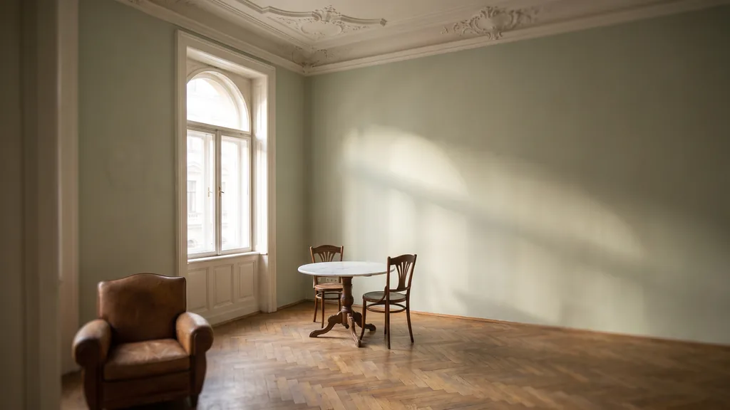 Editorial photograph of an empty corner of a Viennese office in a classical apartment building with high stucco ceiling, warm parquet, pale green walls, a round marble table and two empty chairs, no people and no signage