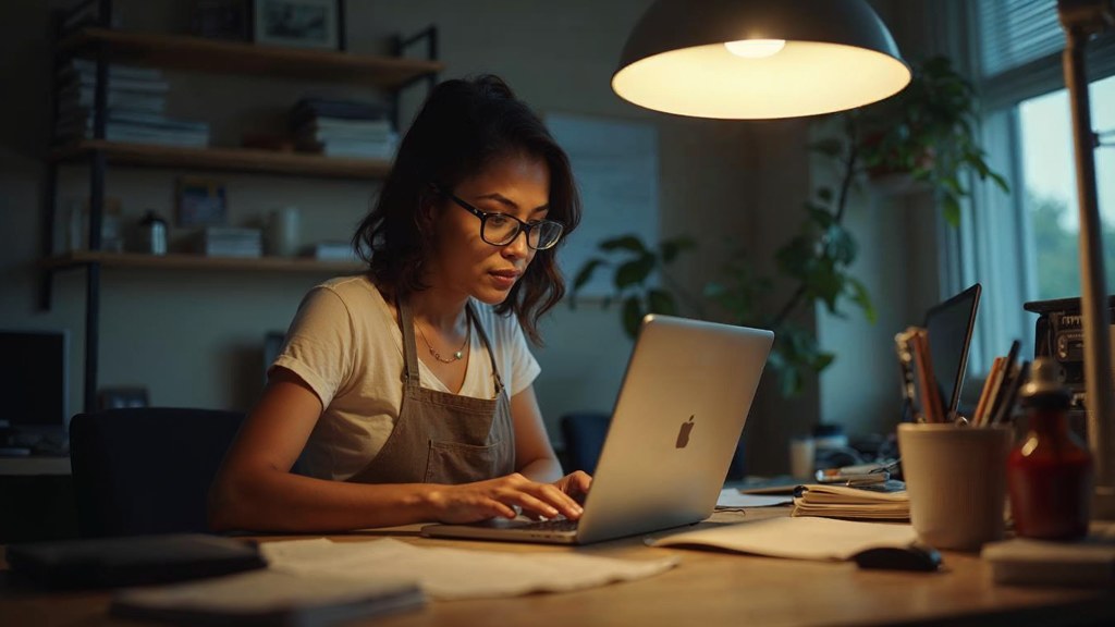A small-business owner in an apron leaning over a laptop on a cluttered back-office desk late in the day, photographed in Jacksonville