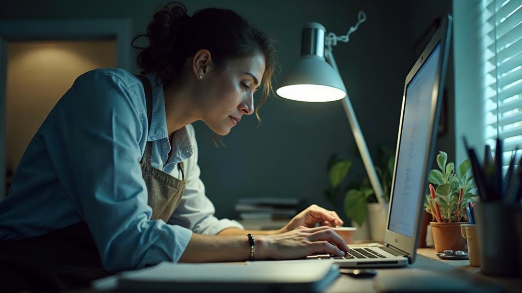 A small-business owner in an apron leaning over a laptop on a cluttered back-office desk late in the day, photographed in Jacksonville