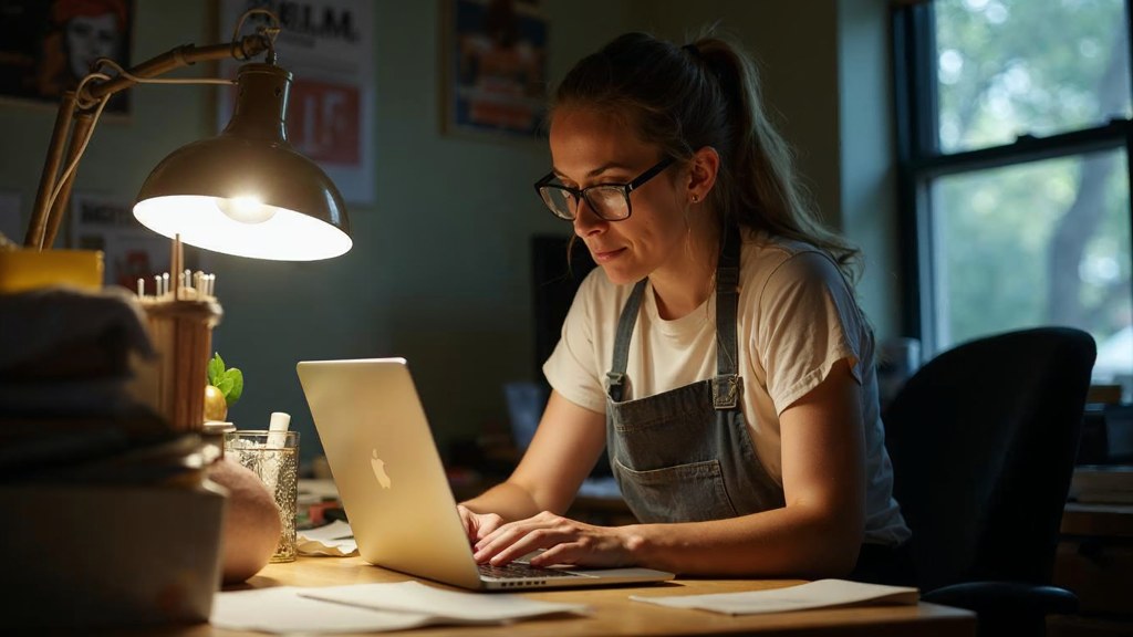 A small-business owner in an apron leaning over a laptop on a cluttered back-office desk late in the day, photographed in Jacksonville