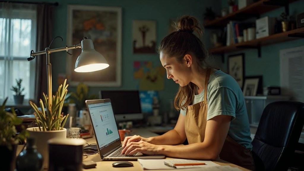 A small-business owner in an apron leaning over a laptop on a cluttered back-office desk late in the day, photographed in Jacksonville