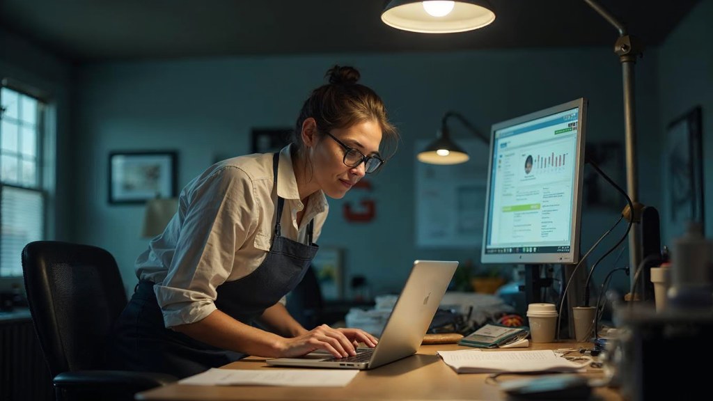 A small-business owner in an apron leaning over a laptop on a cluttered back-office desk late in the day, photographed in Jacksonville