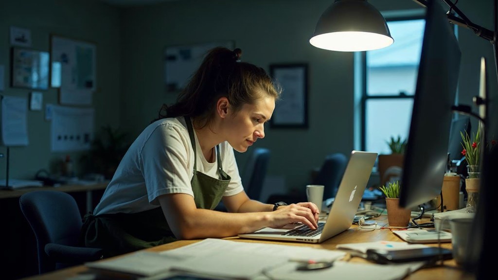 A small-business owner in an apron leaning over a laptop on a cluttered back-office desk late in the day, photographed in Jacksonville